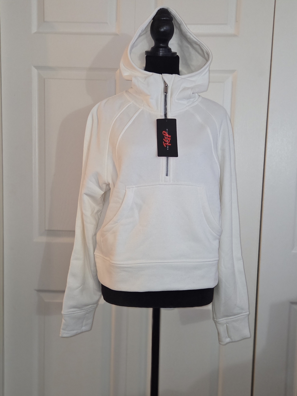 Women’s White Half-Zip Hooded Sweatshirt with Kangaroo Pocket